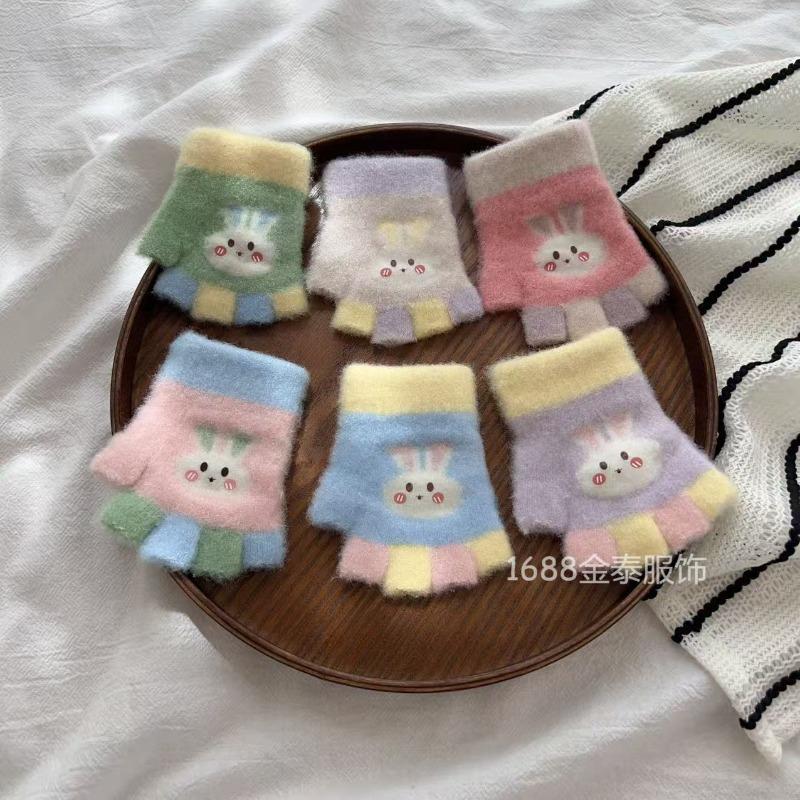 - Years old, baby half-finger gloves autumn and winter cartoon five-finger color matching bunny cute warm writing half-finger