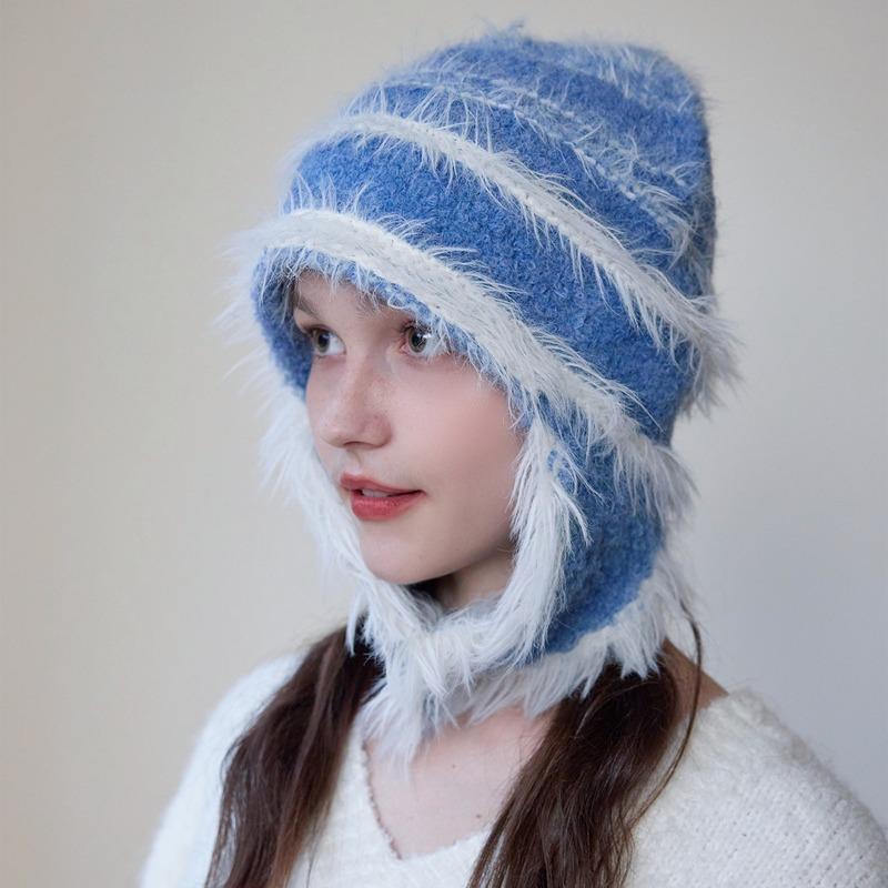 

Новый большой обхват головы, подчеркивающий маленькое лицо, плюшевая вязаная сумка-головной убор, защита ушей, теплая и ветрозащитная, универсальная, в полоску