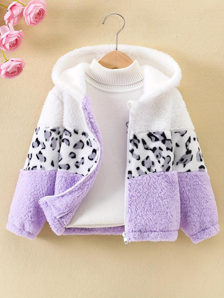 Cozy & Cute Girls' Leopard Print and Pink Fleece-Lined Zip-Up Hoodie Jacket - Warm, Thick Polyester Blend for Autumn/Winter, Long Sleeves,Casual Style