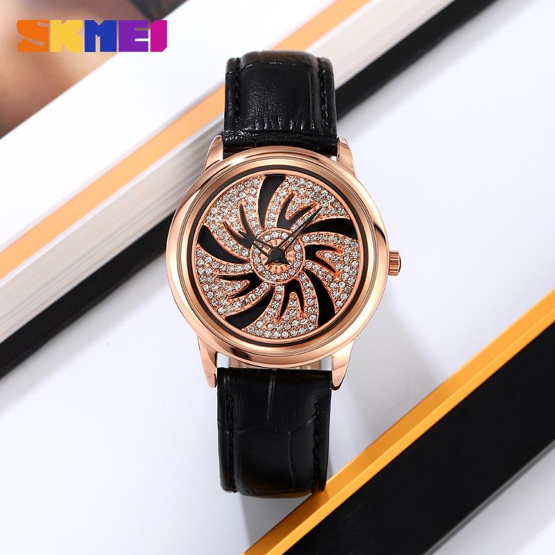 Skmei rotating diamond-encrusted delicate dial women's watch fashion leather personalized design ins wind watch