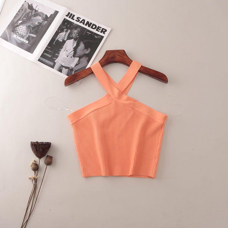 Foreign Trade Original Order Rib Hanging Neck Gyaru Short Vest Western Style off-Shoulder Slim Fit Knitted Sling Top