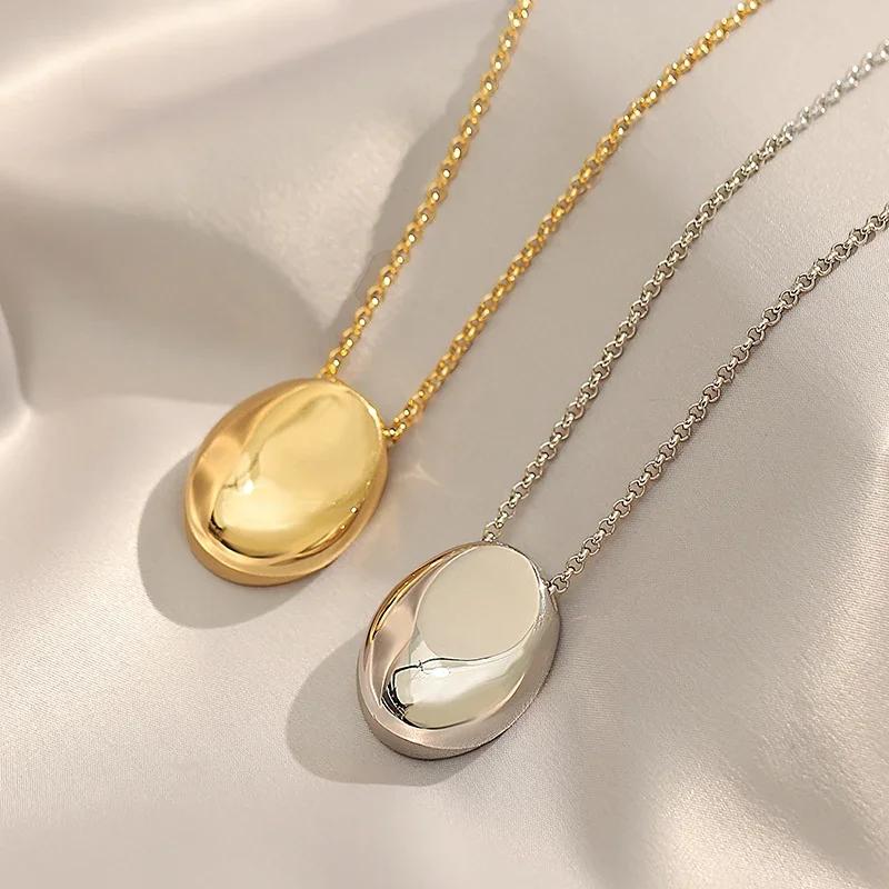 European and American Oval Pendant Stainless Steel Gold Color Long Necklace Fashion Jewelry Accessories Sweater Chian for Womens