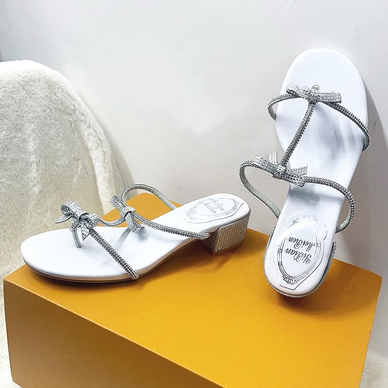 New fairy rhinestone sandals summer new bow T-strap toe high-heeled sandals