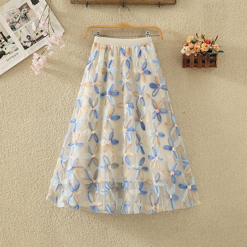 

Qooth Women Embroidery A Line Tulle Skirt Wide Hem Mid Length Elastic Waist Skirt Elegant QT2634 One Size абрикосовий/синій