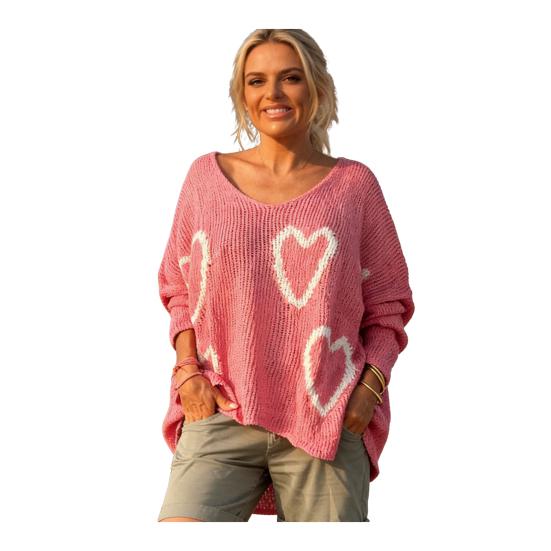 Женский свитер с V-образным вырезом, длинным рукавом, узором в виде сердца, вязаный топ, свободный крой, стиль для поездок на работу, весна, осень, повседневный свитер M розы красного