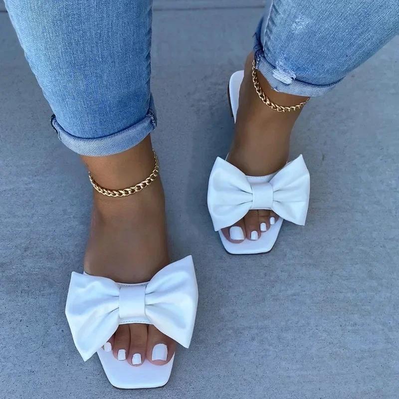 Fashion Shoes for Women Fashion Summer Plus Size Solid Color Bow Flat Sandals Outdoor Beach Slippers Women Shoes 36-43 Women Sandals