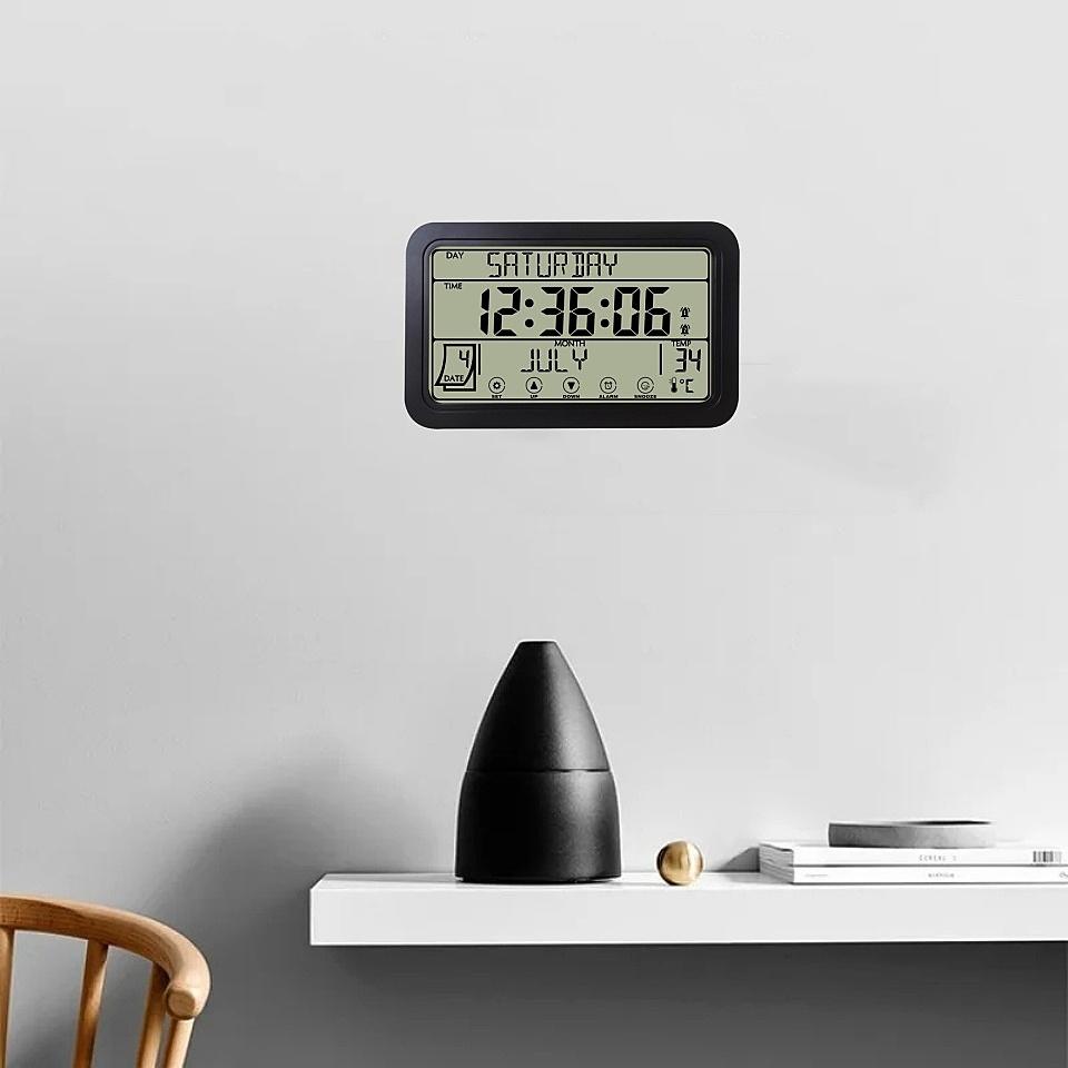 Touchscreen Große digitale Wanduhr Temperatur Datum Woche Schlummerfunktion Batteriebetriebene Tischuhr Doppelalarm 12/24H LCD-Wecker