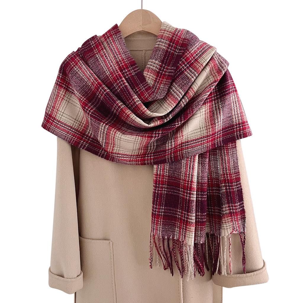 Korean version of imitation cashmere literary lines plaid warm shawl scarf autumn and winter fashion atmosphere versatile fringed scarf