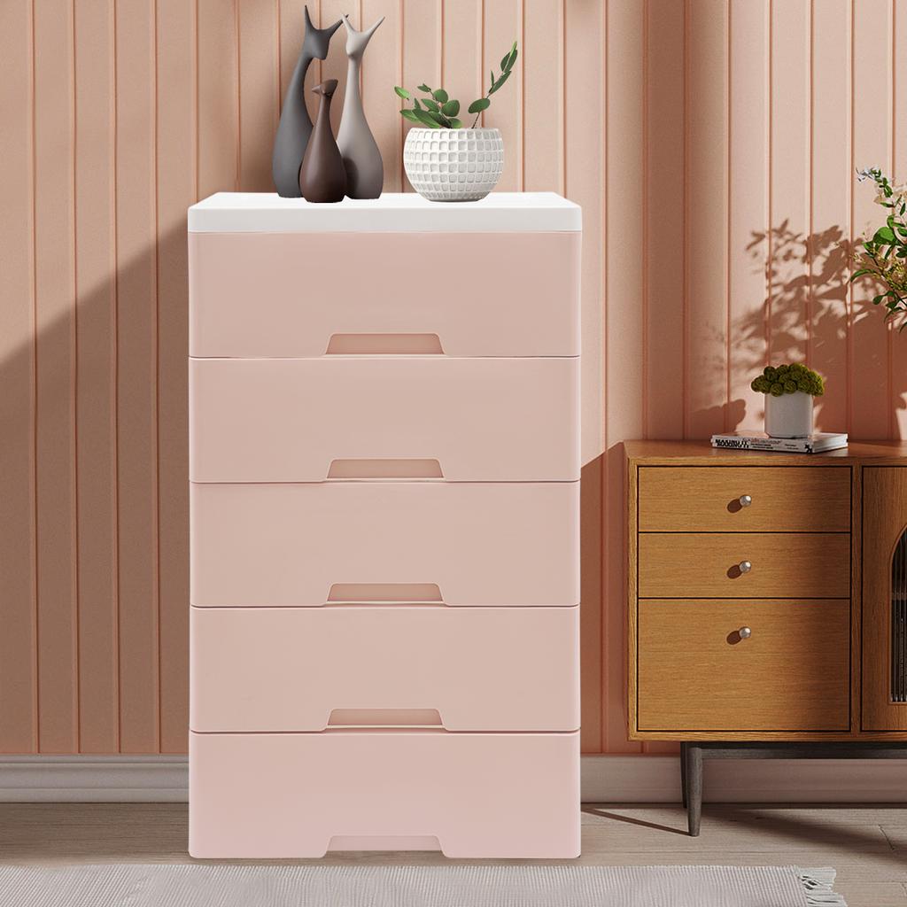 5-Tier Tall Plastic Storage Cabinet with Drawers, Multi-Purpose Organizer for Bedroom Closet Office, Pink Modular Drawer Unit