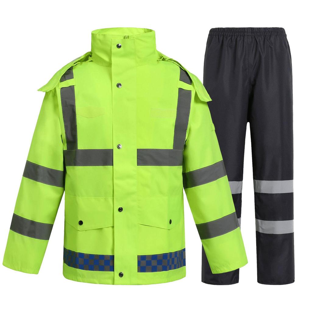 Reflekterande Trafikvakt Regnjacka & Byxor Set - 300D Oxfordtyg, Vattenavvisande, Slitstarkt, Anti-Kraftigt Regn, Utomhus-/Sanitetsanvändning.