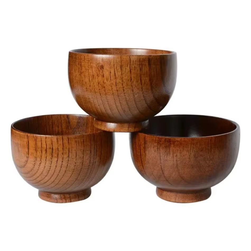 High Quality Eco-friendly Solid Round Wooden Bowl Polished Multi-Functional For Salad Fruits Soup Rice Kitchen Utensil