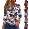 Damen Mode Lässig Unabhängigkeitstag Amerikanische Flagge Sterne und Streifen Print Kragen V-Ausschnitt Dreiviertelärmel Dekorative Knopfleiste T-Shirt Top