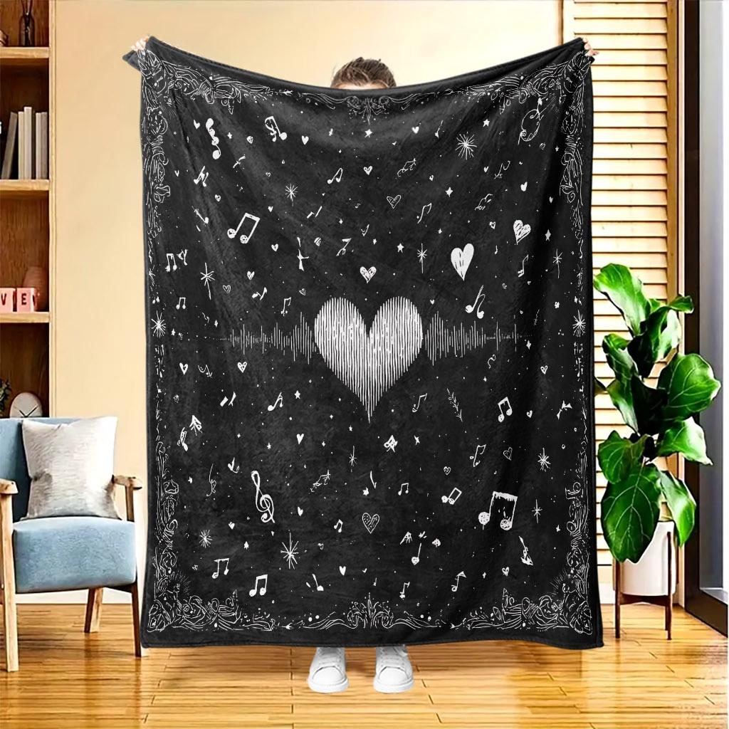 A Music And Love-Themed Flannel Blanket, Featuring High-Definition Digital Printing, Suitable for All Seasons, a Cooling Blanket, Made of 100% Soft An