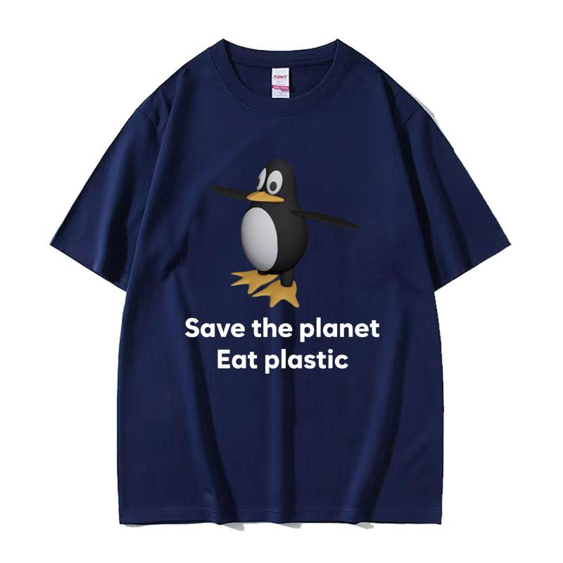 Save The Earth Eat Plastic Funny Meme TShirt Cute Penguin Graphics Mens T Shirt Fashion Casual Oversized Short Sleeve Tshirts