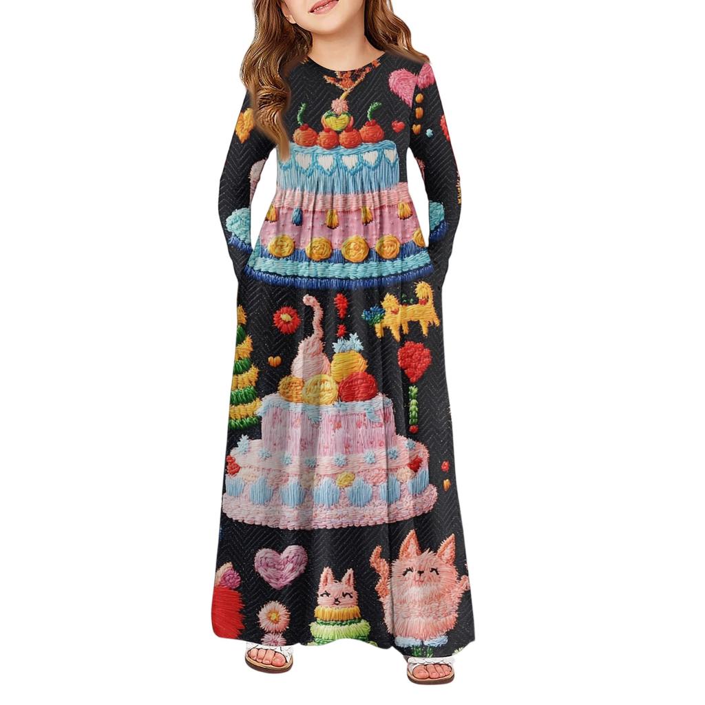 Girls' Maxi Dress - Long Sleeve Pocket Dress Valentine's Day