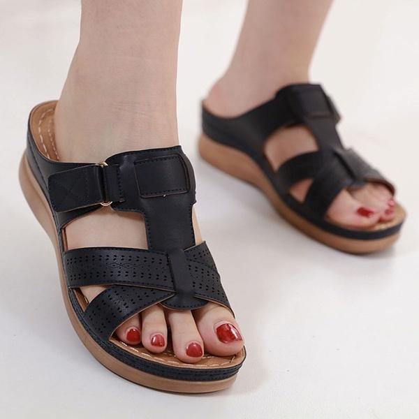 Beställ en storlek upp, sommar Kvinnor Premium Ortopediska Sandaler med öppen tå Kvinnliga Tofflor Spänne Rem Vintage Anti-halk Andas Tofflor Plus Size Sandaler