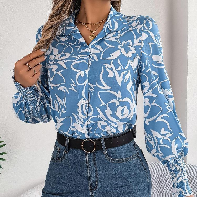Elegante Bluse mit V-Ausschnitt und langen Ärmeln für Damen, Hemd mit Blumendruck für die Frühling- und Herbstsaison