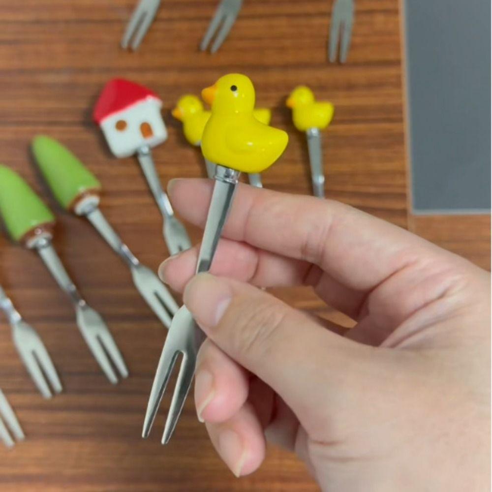 6Pcs Reusable Fruit Dessert Fork Cartoon Cute Fruit Forks Stainless Steel Cake Fork Party Tableware