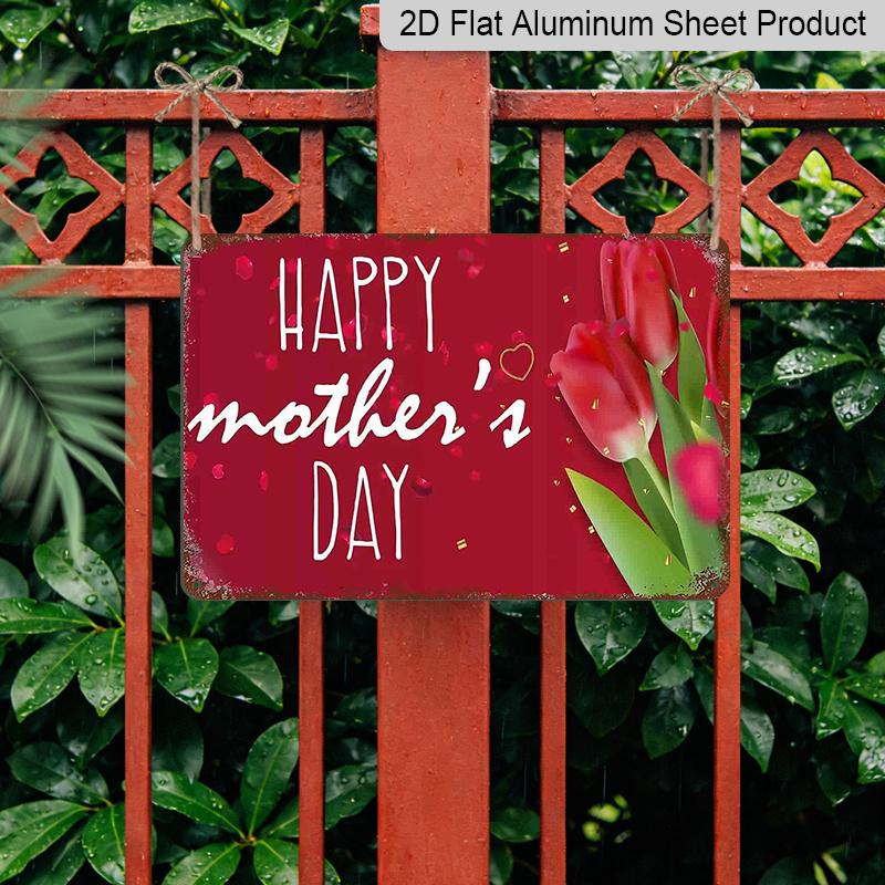 2D Flat, 1pc "Happy Mother's Day" Aluminium Sign 8x12 Inch - Red Tulip & Heart Design, Vintage Distressed Finish, Mother's Day Wall Decor, Gift for