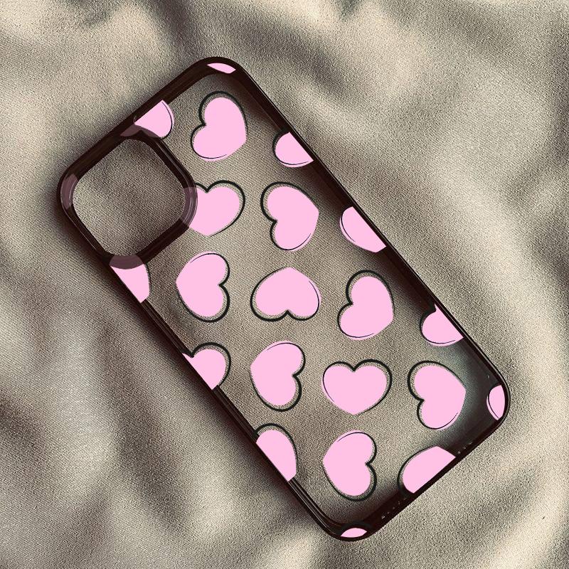 Cute Wine Red Pink Love Heart Graffiti Phone Case For iPhone 16 15 14 13 Pro MAX 11 12 XS SE20 XR 7 8Plus INS Clear Hard Cover