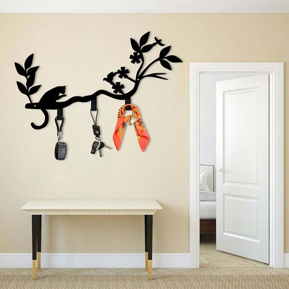 Bohemian Style Cat Key Holder Wall Hooks Bird Perch Key Organizer Metal Art Home Decor