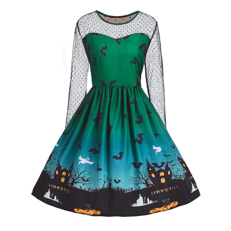Cross-border Women's Halloween Dress Halloween Witch Character Cos Dress Lace Print Dress