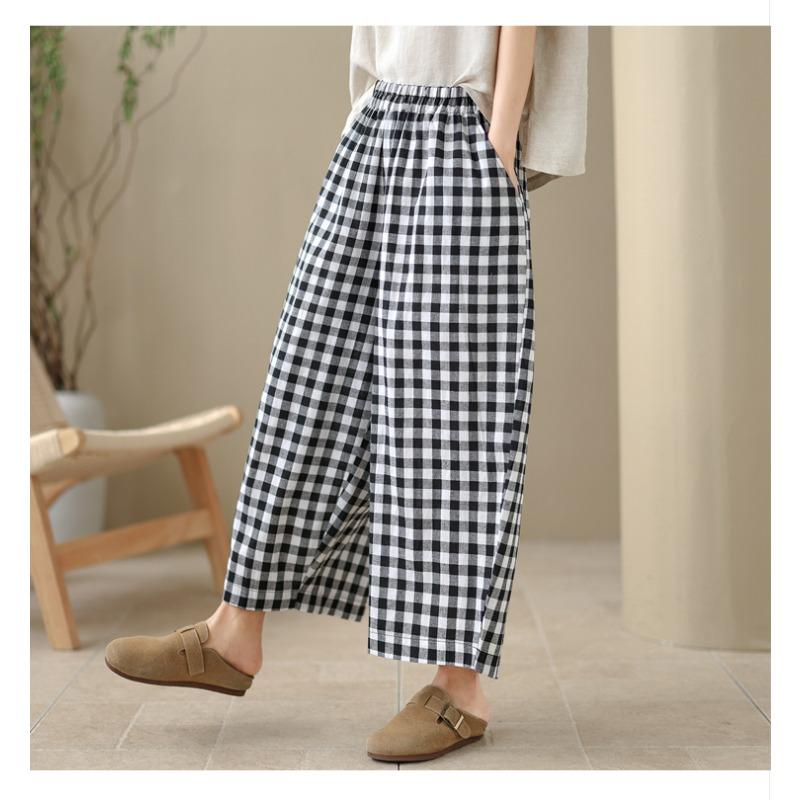 DIMANAF 2026 Summer New Plus Size Women Long Pants Vintage Printing Loose Casual Elastic Waist Lady Bottoms Black Plaid