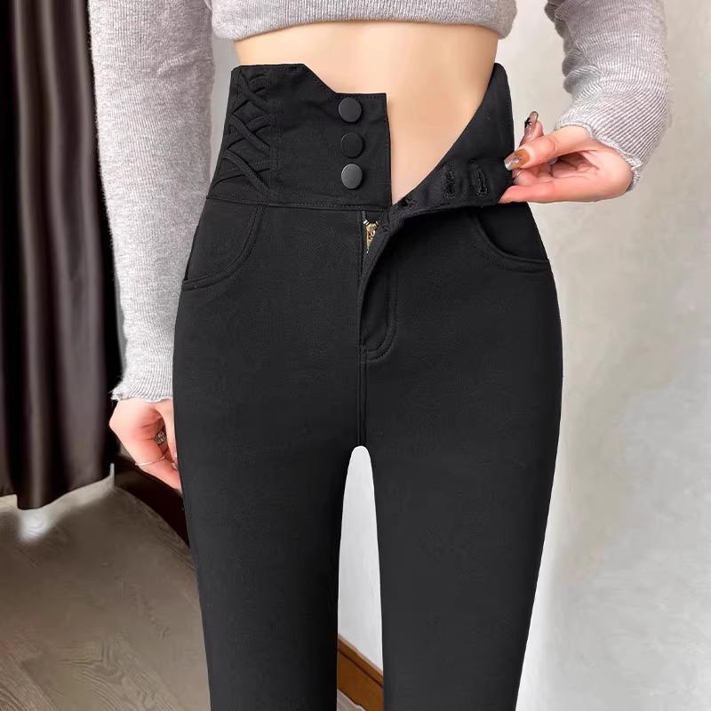 

Женские леггинсы с высокой талией и черной флисовой подкладкой - узкие брюки-карандаш для осени/зимы 2024 3XL (136-145 jin)