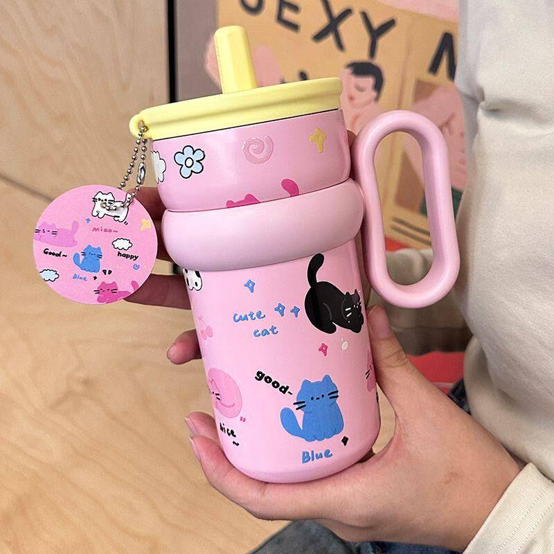 Large-Capacity Thermos Cup for Girls, New Office Water Cup, Giant Student Cup with Handle and Straw, High Aesthetic Value