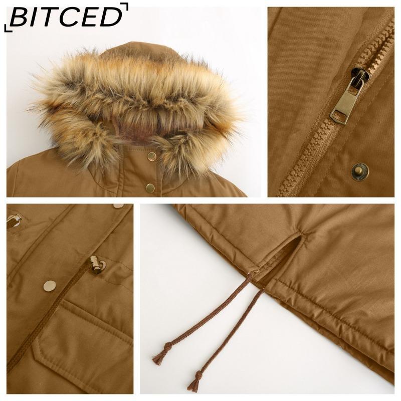 BITCED Fleece-Lined Cotton Coat with Hood and Fur Collar Winter Warmth Outerwear Plus Size Women's Cotton Jacket