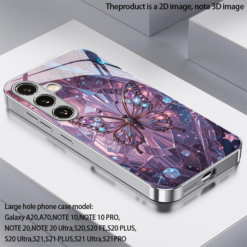 Diamond Butterfly Pattern 2D Phone Case for Samsung S26 S25 S24 S23 S22 S21 S20 A56 A36 A16 Electroplated Glass Protective Cover