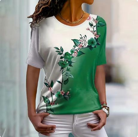 2024 New Women's T-Shirt Fashion Crew Neck Flower Printing Casual Daily Women's Top Summer Trend Loose