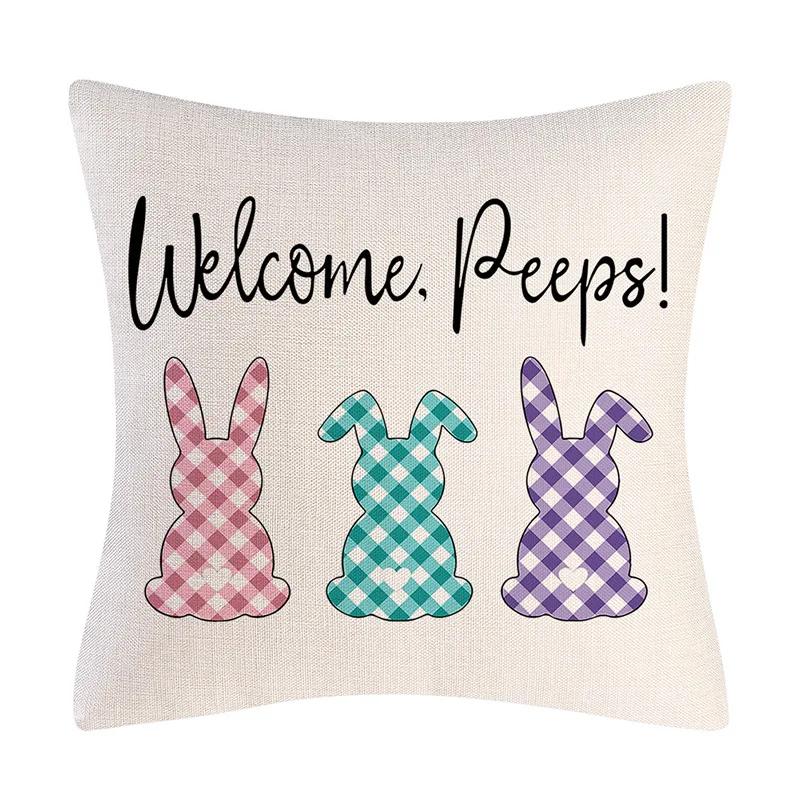 Happy Easter Cushion Cover Bunny Eggs Printed Pillow Cover Easter Rabbit Printed Pillowcase Home Decorative Throw Pillow Case