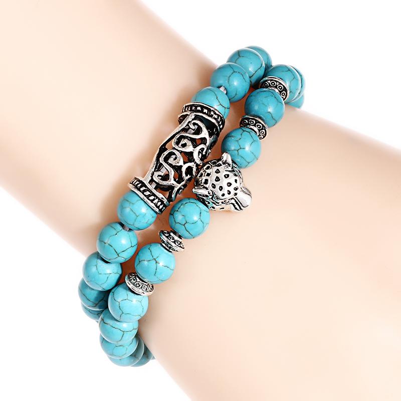 Unique 2Pcs Men Bracelet Set Natural Lava Stone Braslet Antique Leopard Animal Braclet Tiger Bead Brazalete Leisure Accessories