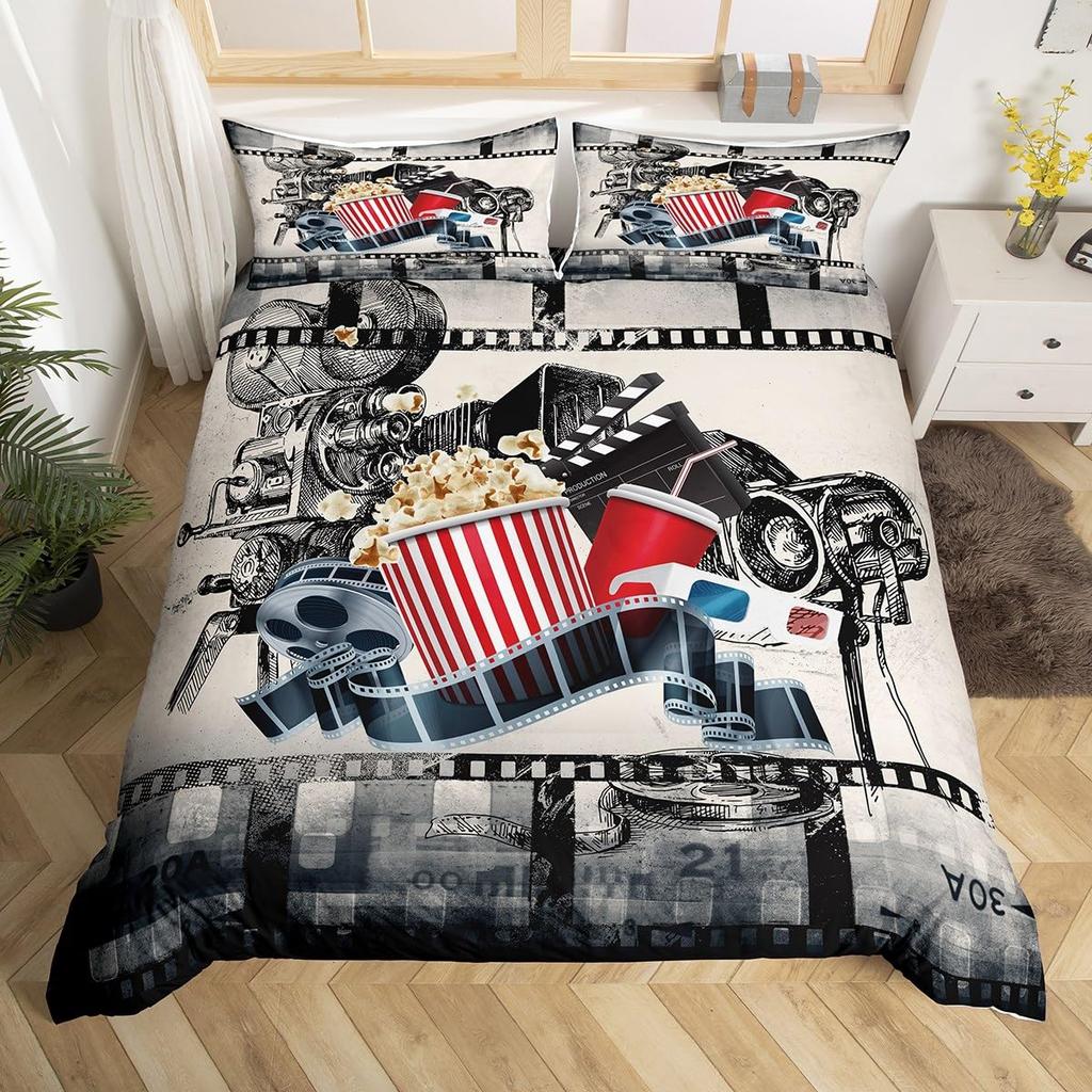 Movie Theme Duvet Cover Movie Theater Decor Bedding Set Full King Vintage Cinema Ticket Clapboard Popcorn Print Comforter Cover