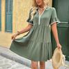 VEZFAA Women's Fashion Summer Spring Solid Color Print Short Sleeve V-Neck Loose Waistline Casual Dresses
