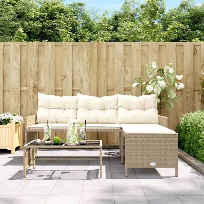 VidaXL Canapé de Jardin avec Table et Coussins en Forme de L, Siège de Patio, Meuble de Terrasse Balco Extérieur, Beige 365575