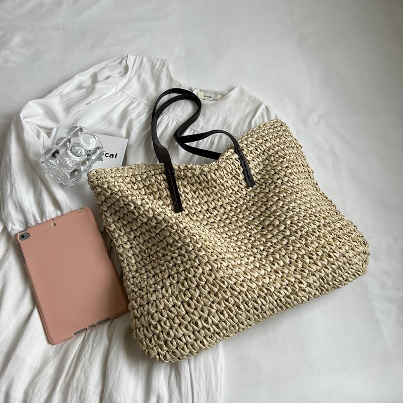 Luxury Design Straw Woven Tote Bags for Women Large Capacity Shoulder Beach Bag Pure Color Summer New Big Shopping Handbag