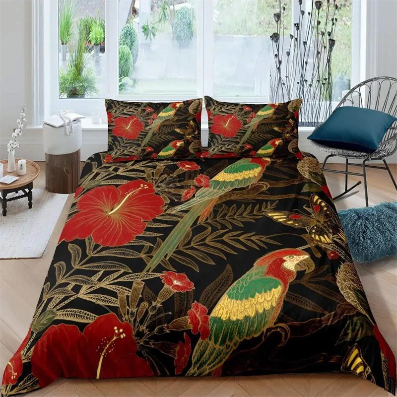 Papagei-Bettbezug-Set, schwarz-weiß gestreiftes Bettwäsche-Set, grüne Pflanze, Palmblätter, Bettbezug, Vogeltier, Polyester-Bettbezug