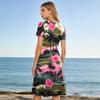 Vestido Midi de Manga Corta con Cuello en V y Estampado de Hojas Tropicales para Mujer, Casual, Corte Holgado, Ligero, Vestido de Verano