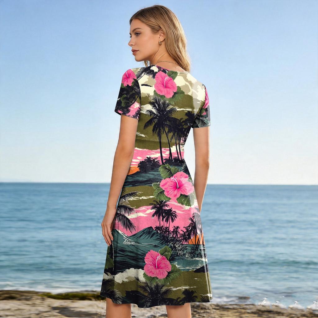 Vestido Midi de Manga Corta con Cuello en V y Estampado de Hojas Tropicales para Mujer, Casual, Corte Holgado, Ligero, Vestido de Verano