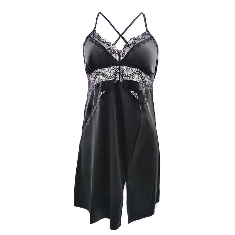 Seductive deep-V back, sexy strappy nightdress; spring/summer ice-silk lace lingerie; women’s loungewear