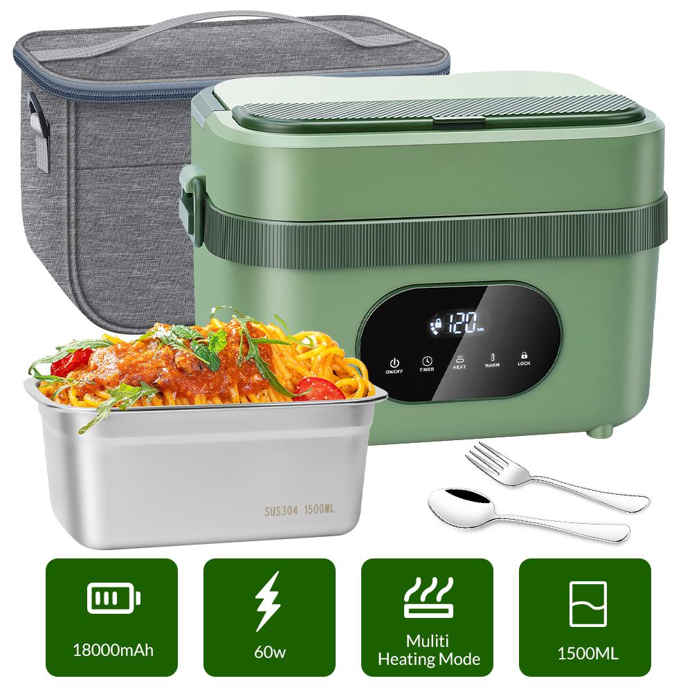 

Electric Heated-Lunch Box 1500ML Capacity Rechargeable Self Heating Food Warmer,LED display Suitable for Travel,Includes Cutlery зелёный