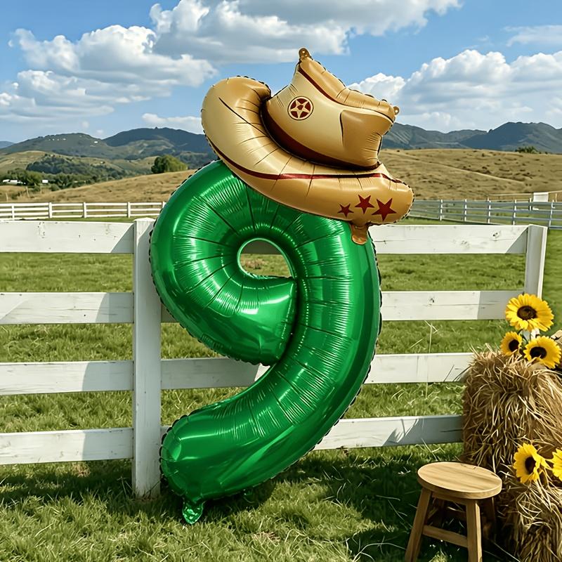 2pcs Farm Theme Party Balloon Set 32-Inch Green Number 0-9 Balloons Hat-Shaped Balloon Birthday Parties Anniversaries Decoration