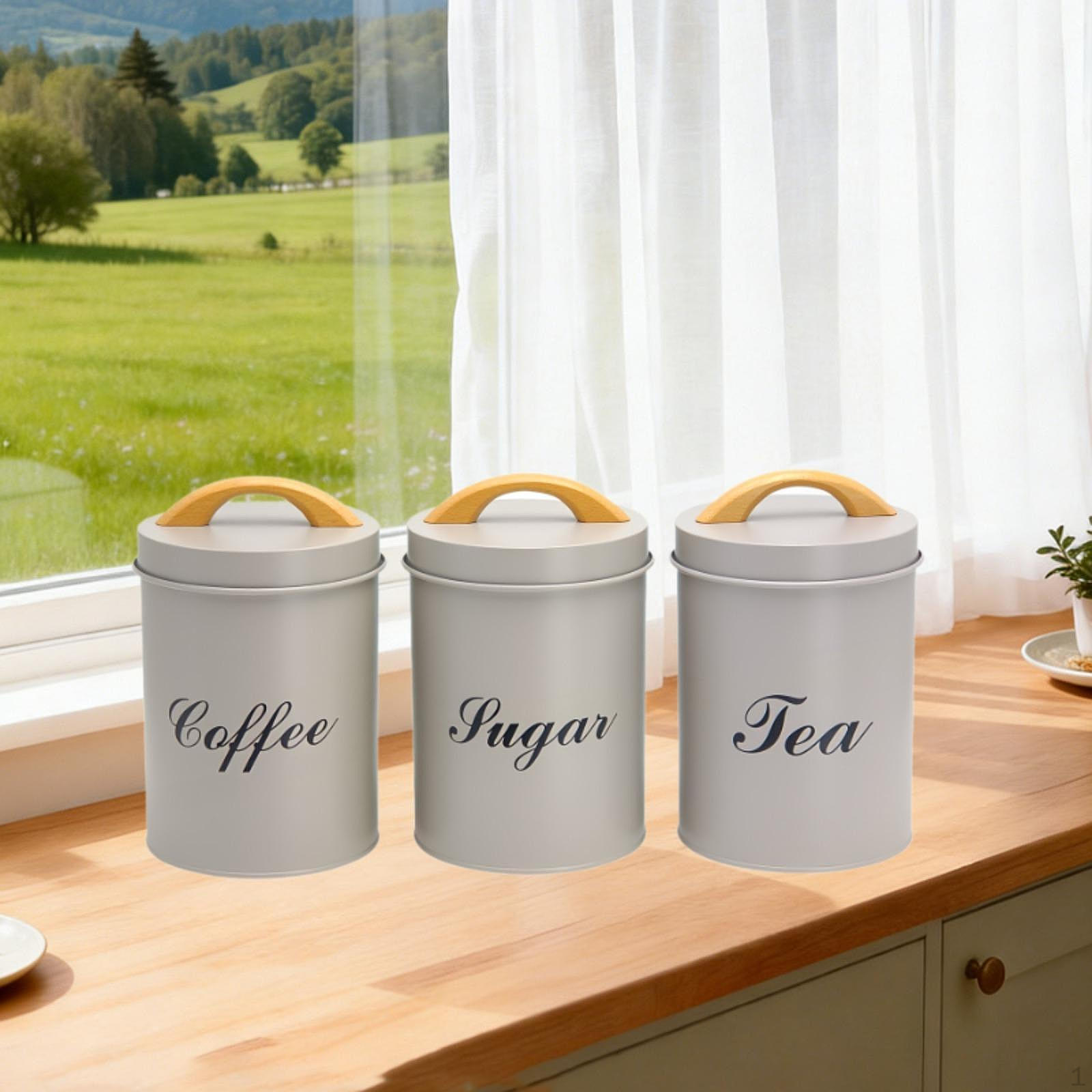 

Coffee Bean Tea Sugar Container Set Kitchen Decor, with Wooden Handle Sturdy Multifunctional,