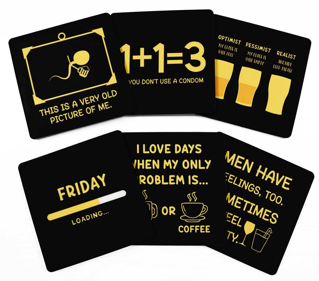 Inkdotpot Set of 6 Drink Coasters Easy Clean 4 Inch Square  Coasters  Cork Base-  Reusable- Funny Bachelor