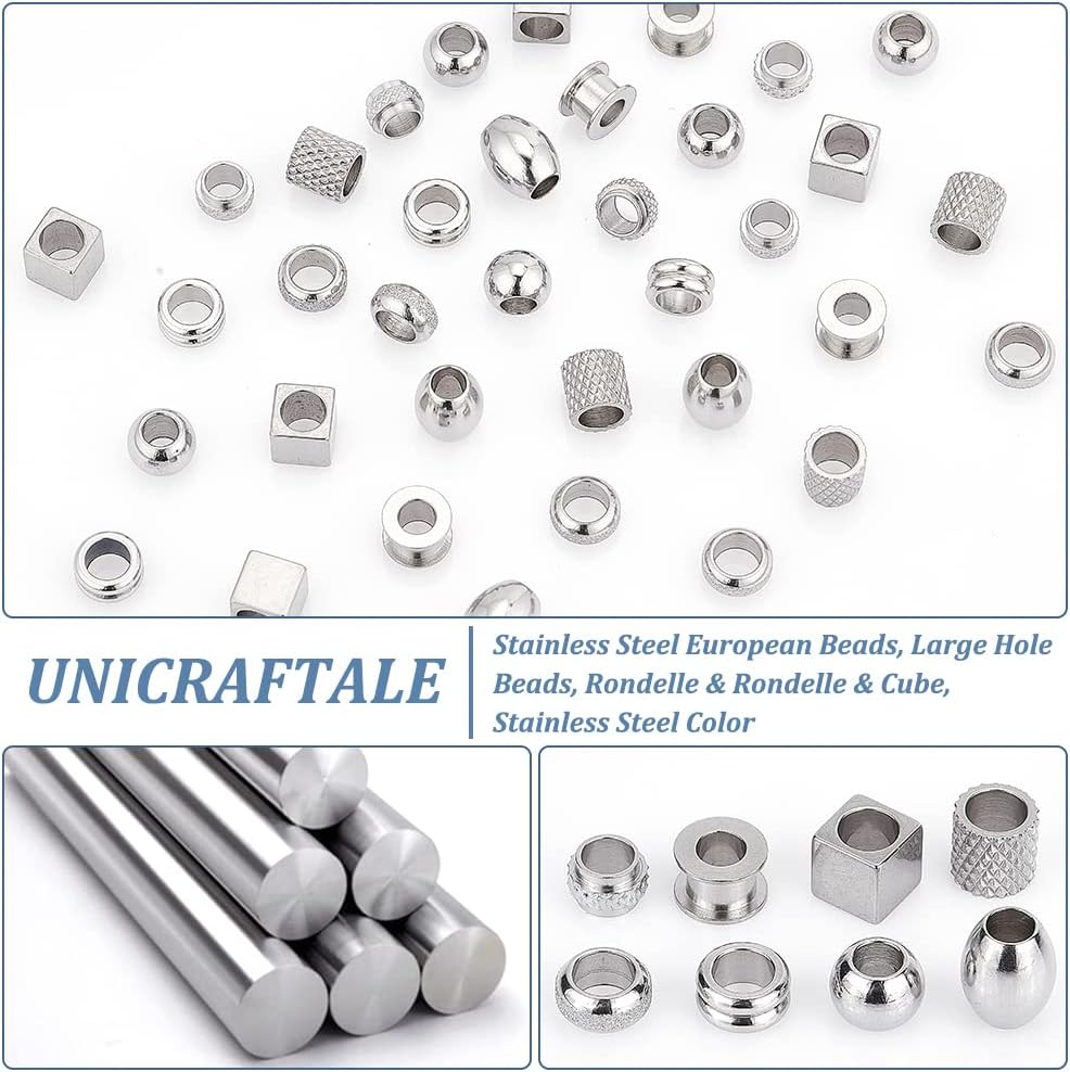 48Pcs 8 Style 304 & 201 & 303 Stainless Steel European Beads Large Hole Beads Rondelle & Rondelle & Cube Stainless Steel Color 7~10x7~10x4~8mm