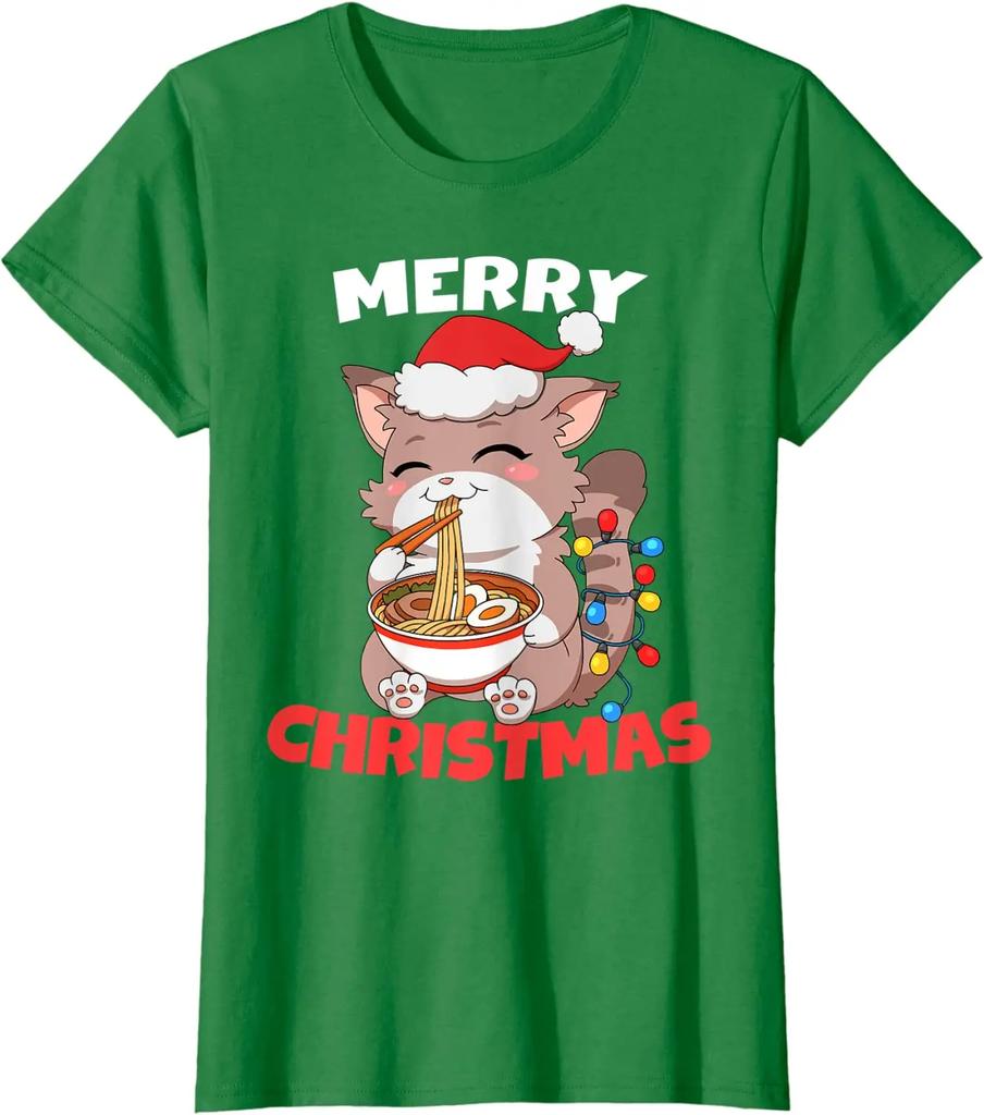 Frohe Weihnachten Anime Kawaii Katze Ramen Weihnachtsbeleuchtung T-Shirt