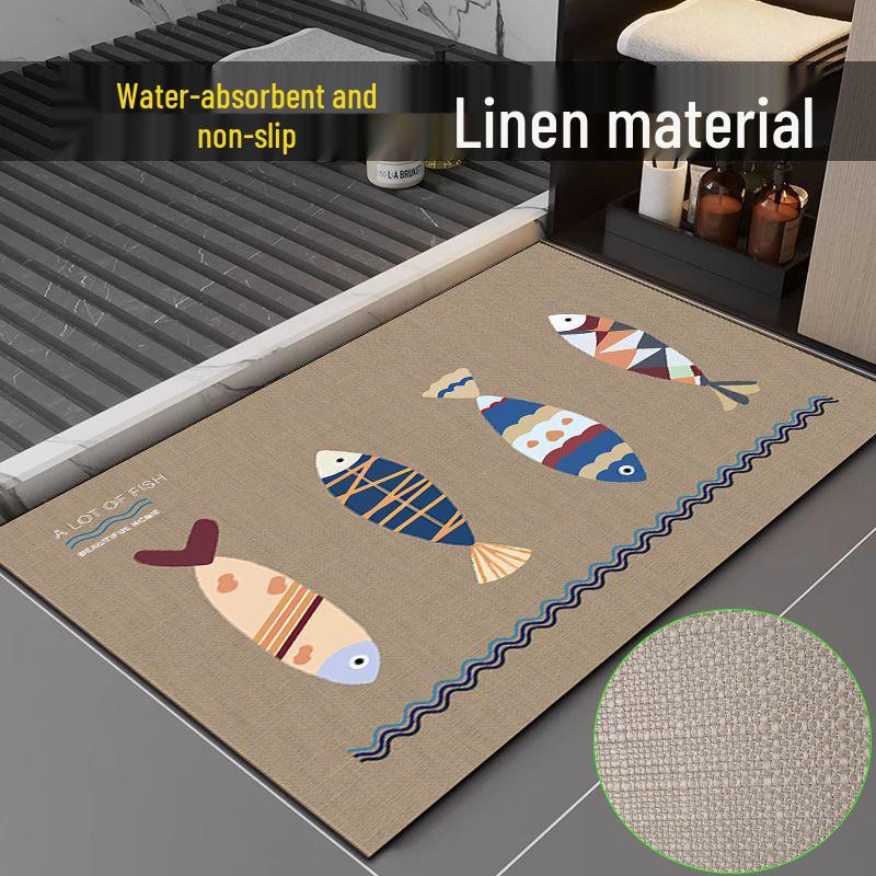 Linen Non-Slip Bathroom Mat: Absorbent, Stain-Resistant Washroom Carpet with Printed Design
