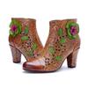 Johnature Genuine Leather Printed High-heeled Short Boots Vintage Flower Thick Heel Side Zipper Women's Boots